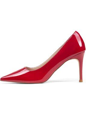 Women's Red Pull on Heeled Comfortable Stiletto Closed Toe Dress Heels